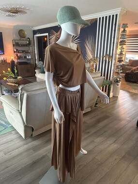 BUKEZY Brown 2-Piece Crop Top and Wide Leg Ruffle Pant Set with Graphic Details
